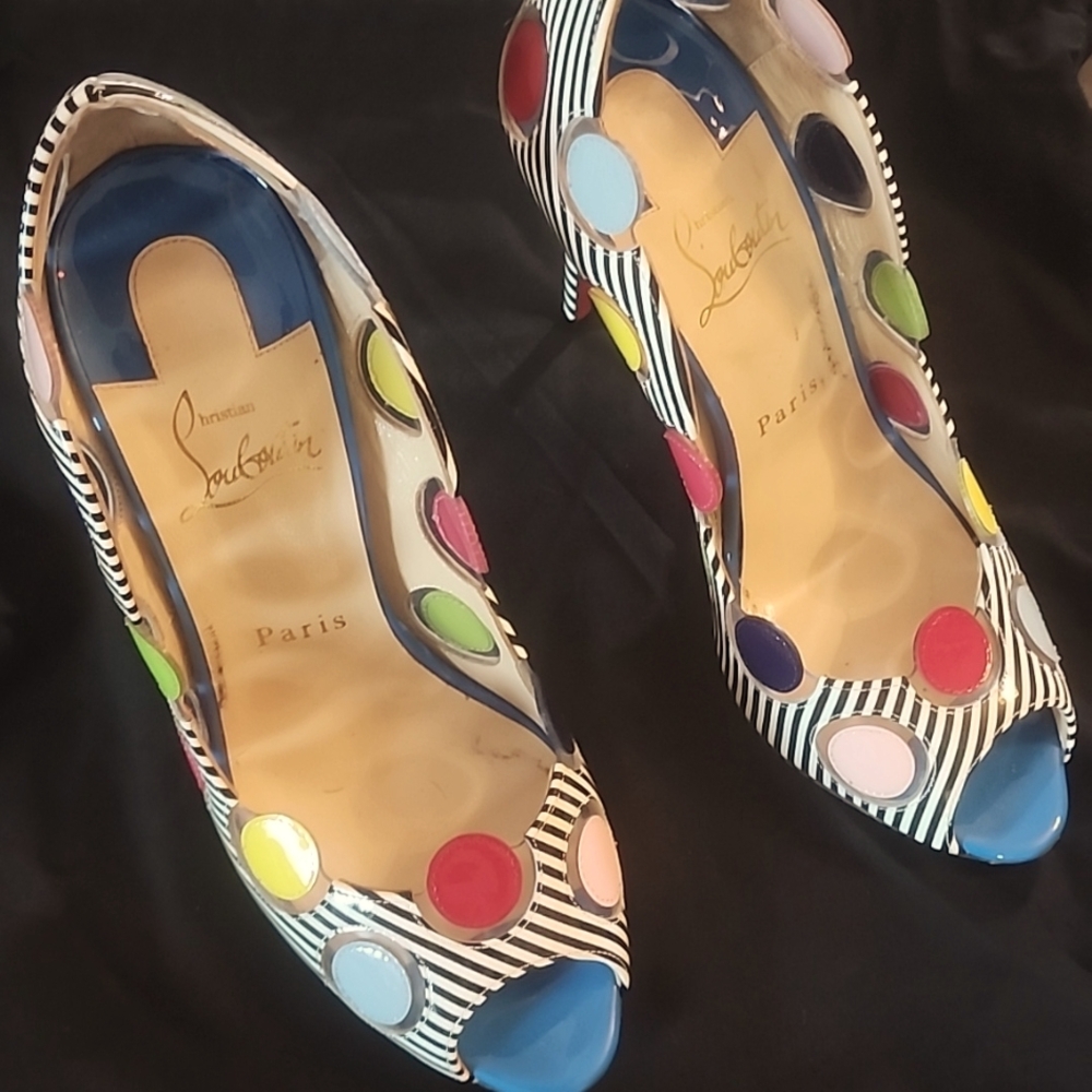 Christian Louboutin Ladybug Striped Multicolor Patent Leather Peep Toe Heels